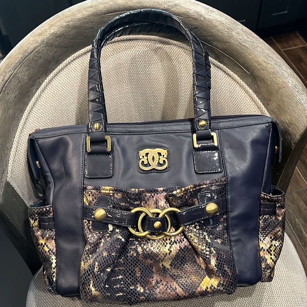 Sharif Navy Blue & shades of snakeskin shoulder handbag No scratches